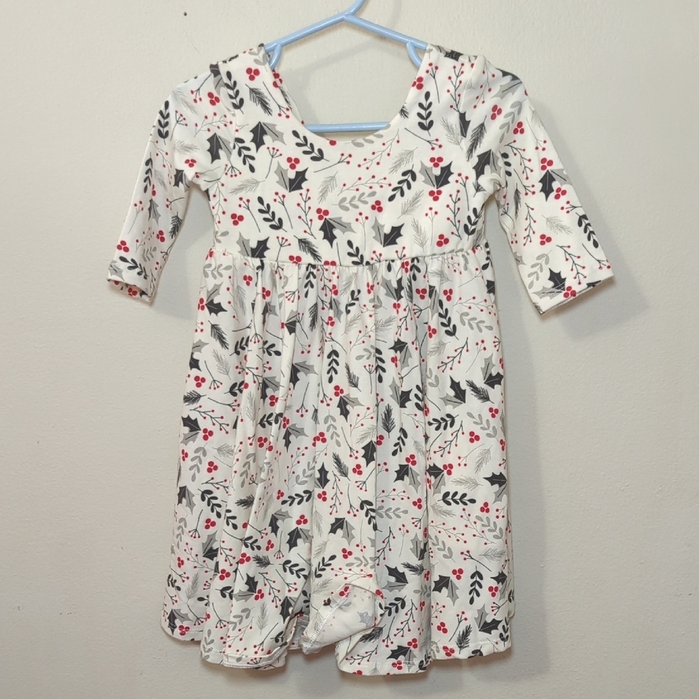 Remie Girl Holiday Dress White Red Green Festive Holly Cotton Girls Size 3